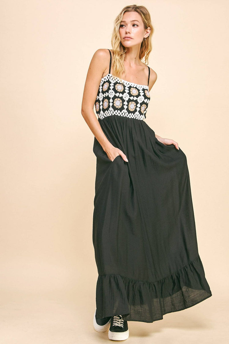 crochet bodice maxi dress CROCHET BODICE BACK TEXTURED FABRIC MAXI DRESS