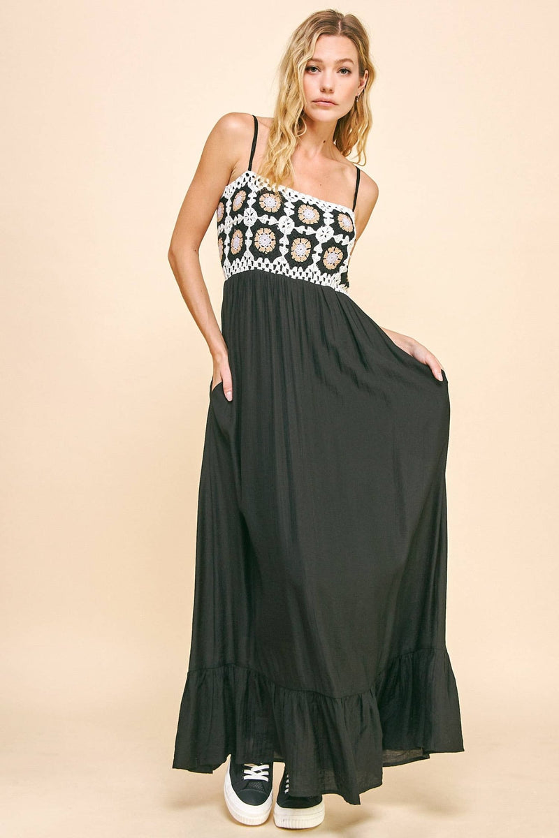 knee length dresses for ladies CROCHET BODICE BACK TEXTURED FABRIC MAXI DRESS