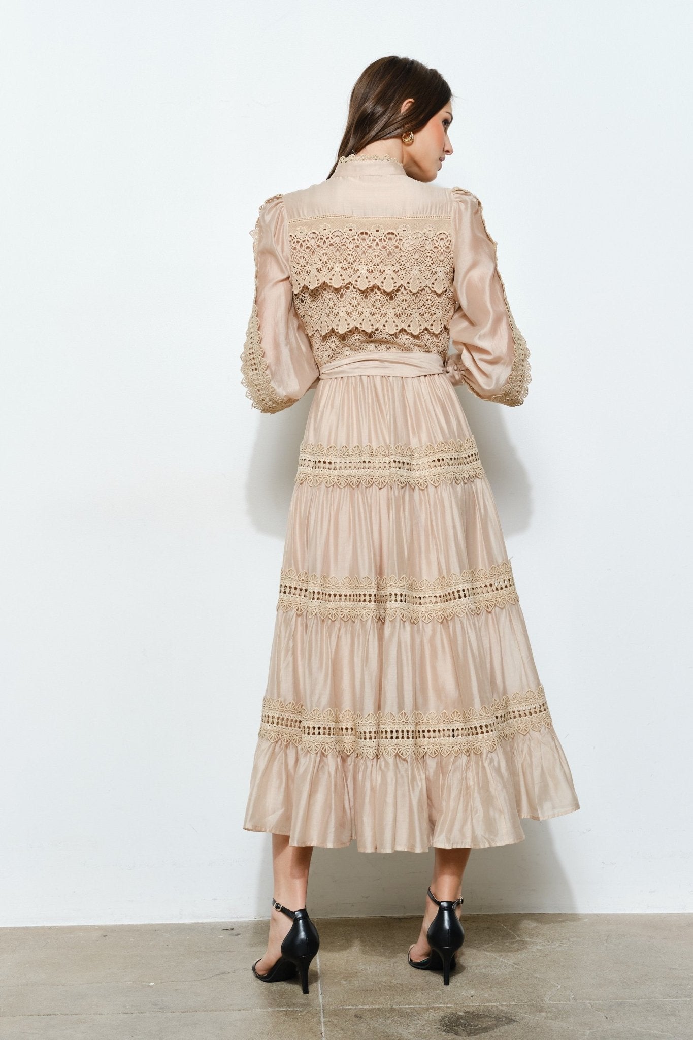 Crochet-style Lace Panel Satin Midi Dress Large Crochet-style Lace Panel Satin Midi Dress Large