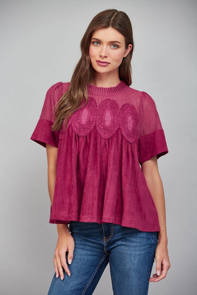 Mocha Brown Suede Top with Sheer Mesh Uppere Panel with Lace Applique | FATE