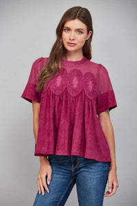 Mocha Brown Suede Top with Sheer Mesh Uppere Panel with Lace Applique | FATE