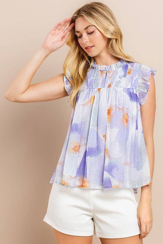 BLUE FLORAL PRINTED RUFFLED TRIM TOP-TCEC-Sissy Boutique