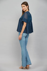 Mocha Brown Suede Top with Sheer Mesh Uppere Panel with Lace Applique | FATE