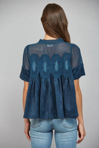 Mocha Brown Suede Top with Sheer Mesh Uppere Panel with Lace Applique | FATE