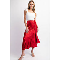 DEEP RED FOILED DRAPED MAXI SKIRT | L Love