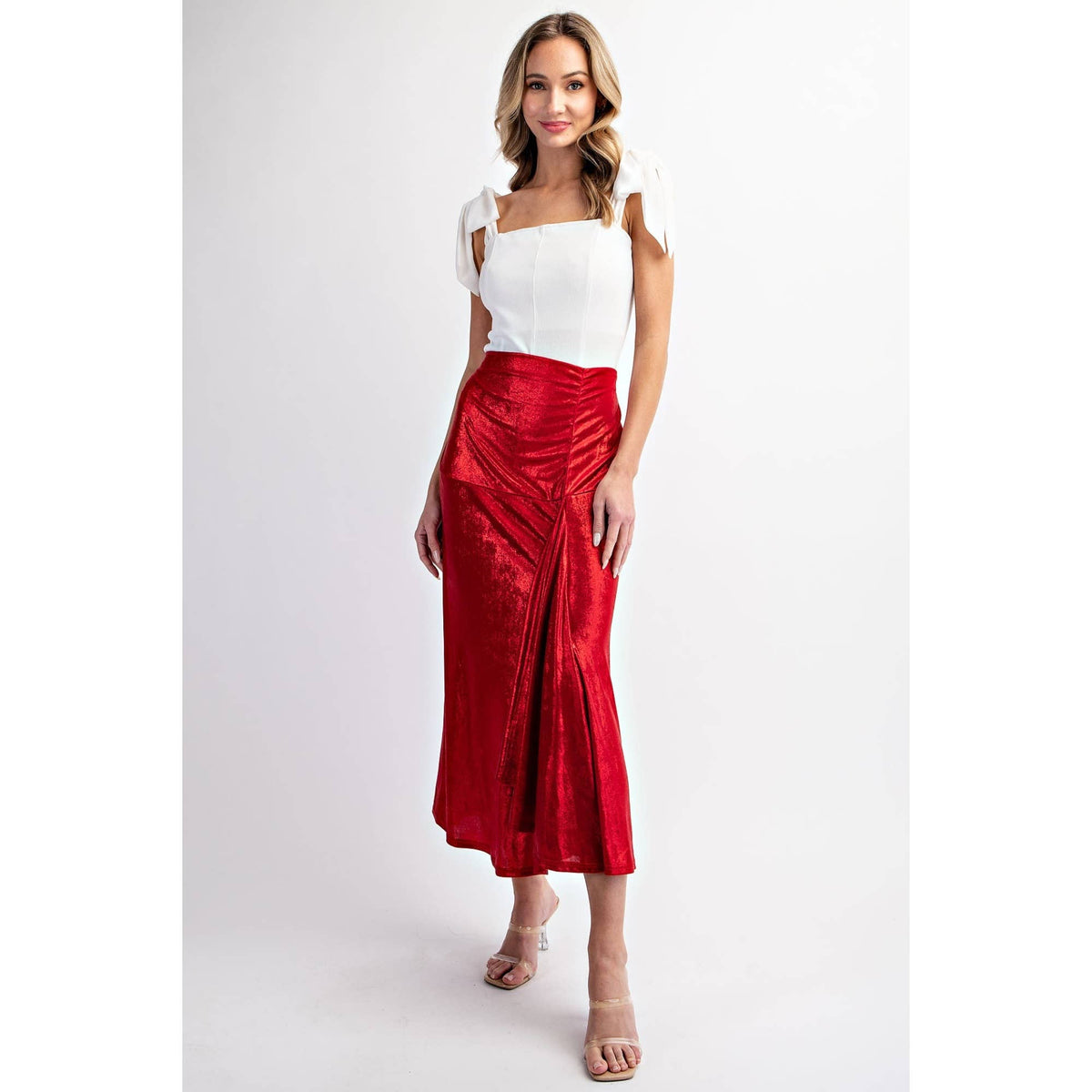 DEEP RED FOILED DRAPED MAXI SKIRT | L Love