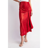 DEEP RED FOILED DRAPED MAXI SKIRT | L Love