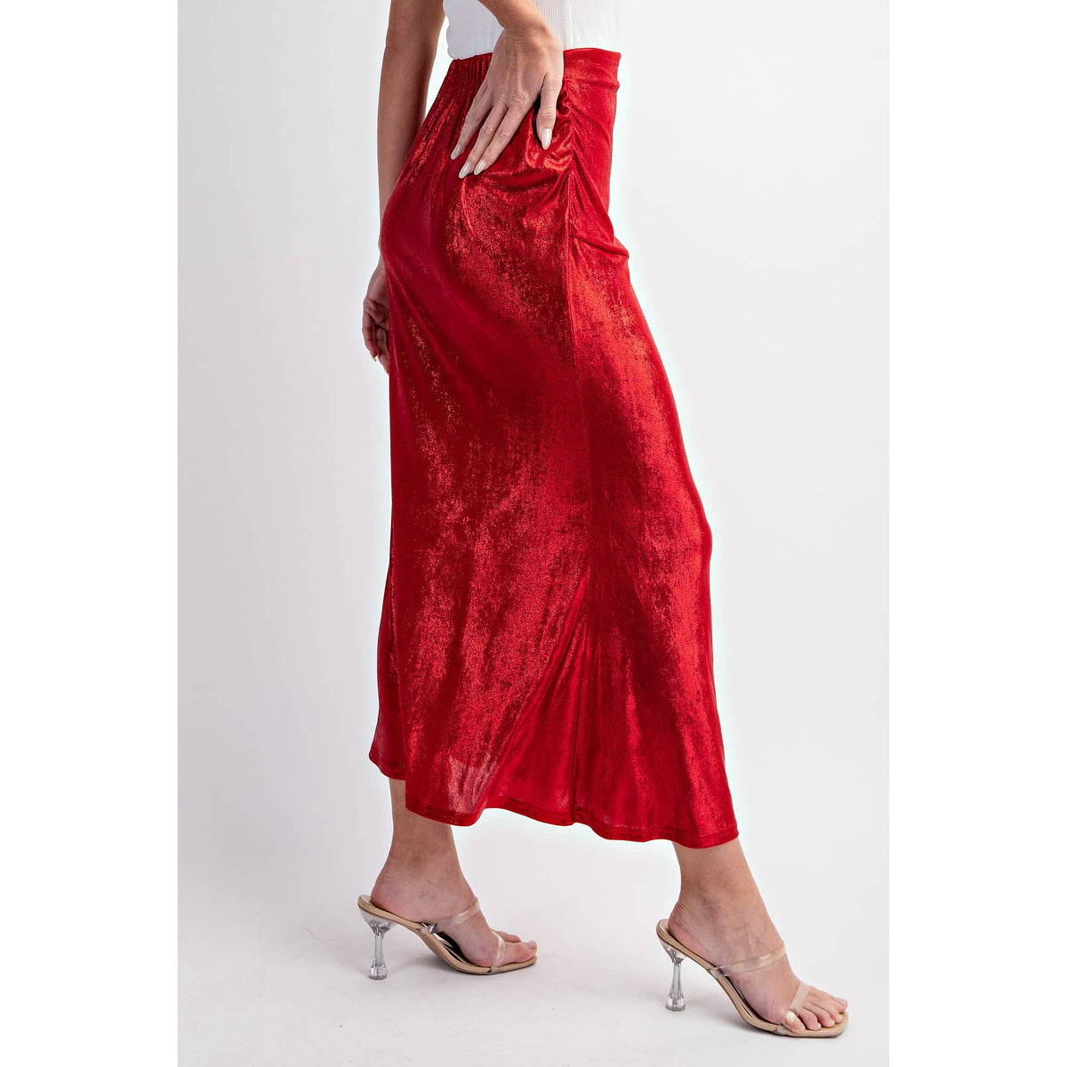 DEEP RED FOILED DRAPED MAXI SKIRT | L Love