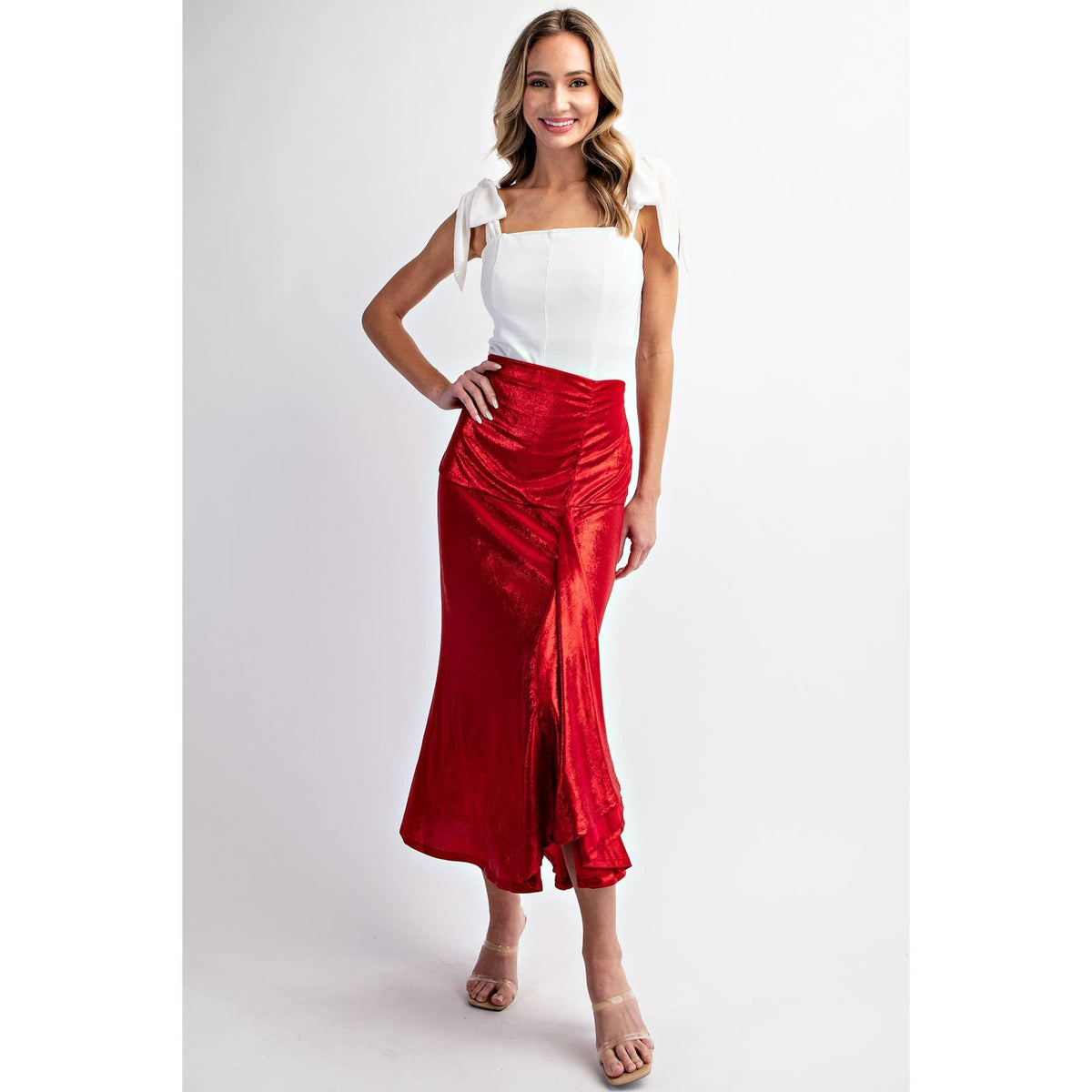 DEEP RED FOILED DRAPED MAXI SKIRT | L Love