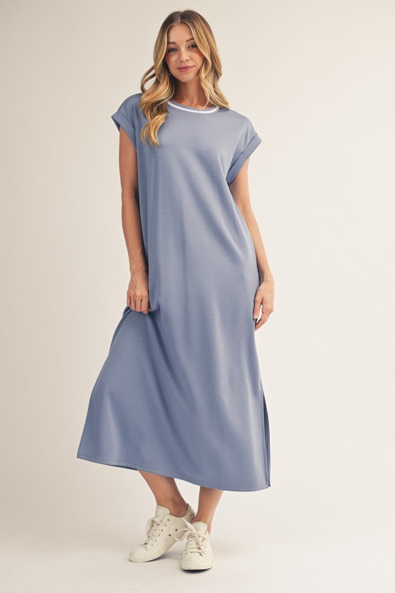Denim Blue Side Slit Casual Midi Dress with White Banded Collar with Pockets Large