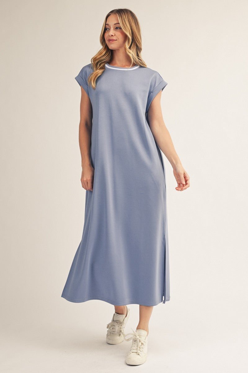 Denim Blue Side Slit Casual Midi Dress with White Banded Collar with Pockets Large