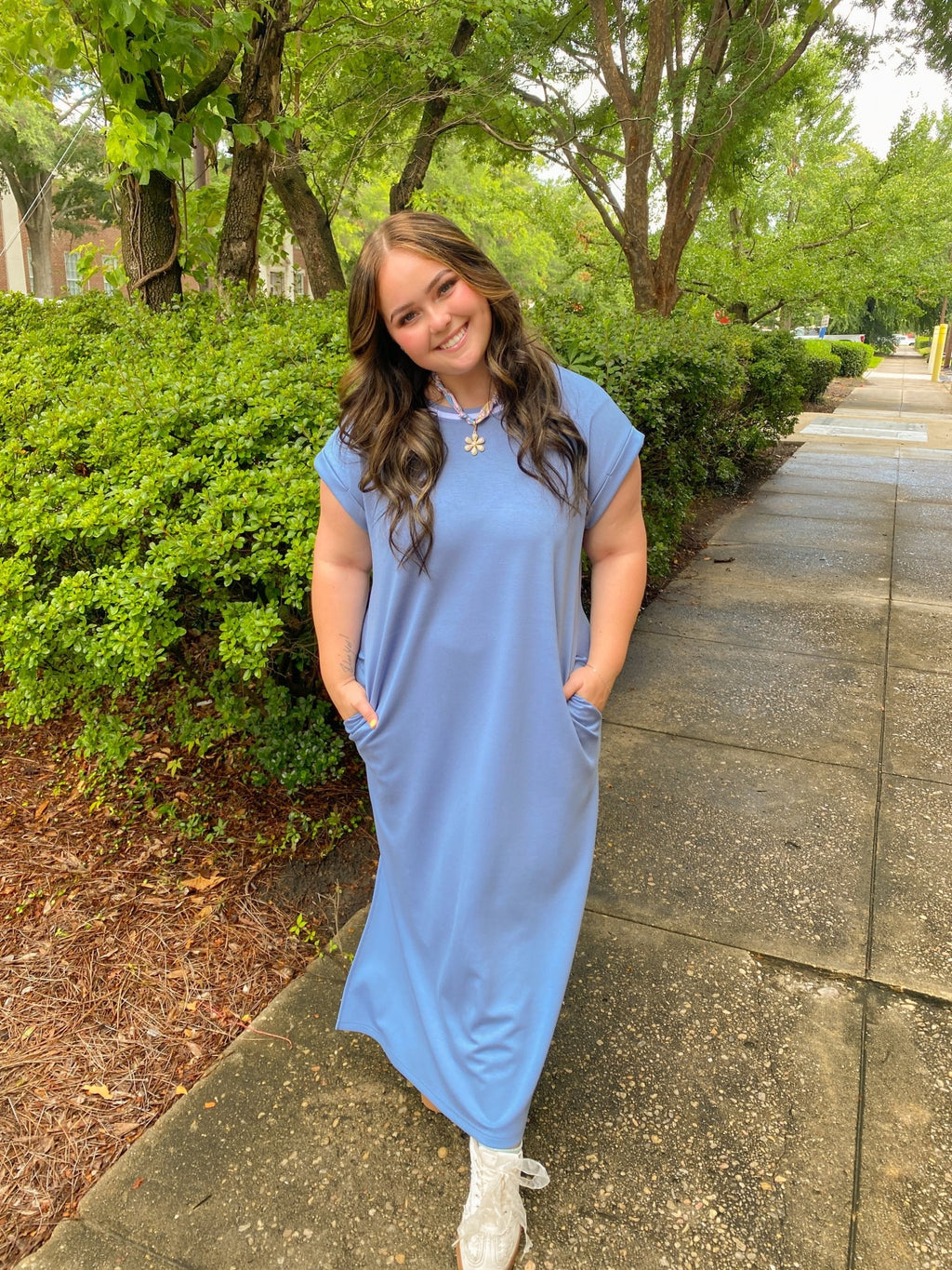 Denim Blue Side Slit Casual Midi Dress with White Banded Collar with Pockets