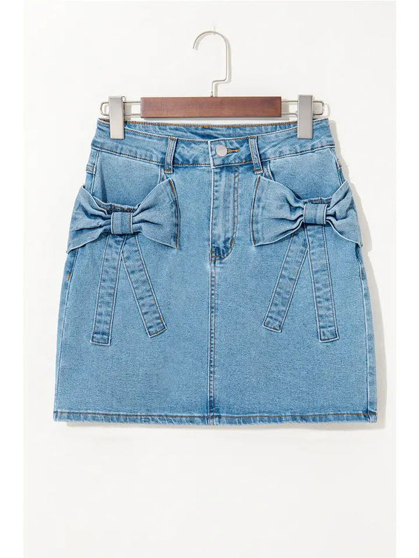 Denim Bow Pocketed High Waist Skirt | Sissy Boutique