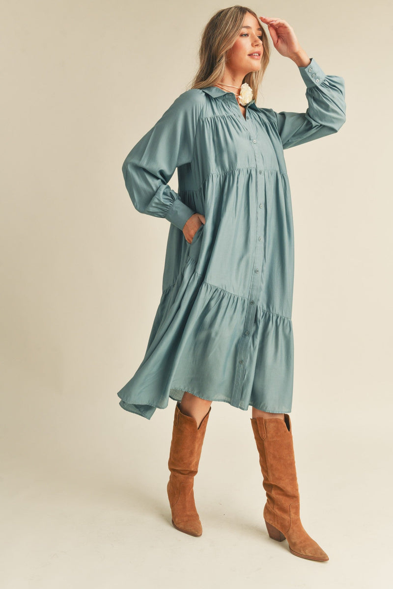 DUSTY BLUE BUTTON DOWN COLLARED TIERED MIDI DRESS WITH POCKETS DUSTY BLUE BUTTON DOWN COLLARED TIERED MIDI DRESS WITH POCKETS