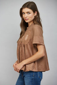 Mocha Brown Suede Top with Sheer Mesh Uppere Panel with Lace Applique | FATE