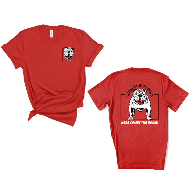 LUCKY & MAXINE UGA  "HERE COMES THE BOOM!" GEORGIA BULLDOGS RED BELLA CANVAS SHORT SLEEVE GRAPHIC TEE-Lucky & Maxine-Sissy Boutique