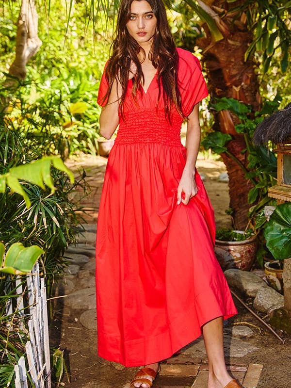 RED SMOCKED WAIST V-NECK MAXI DRESS WITH POCKETS-BUCKETLIST-Sissy Boutique