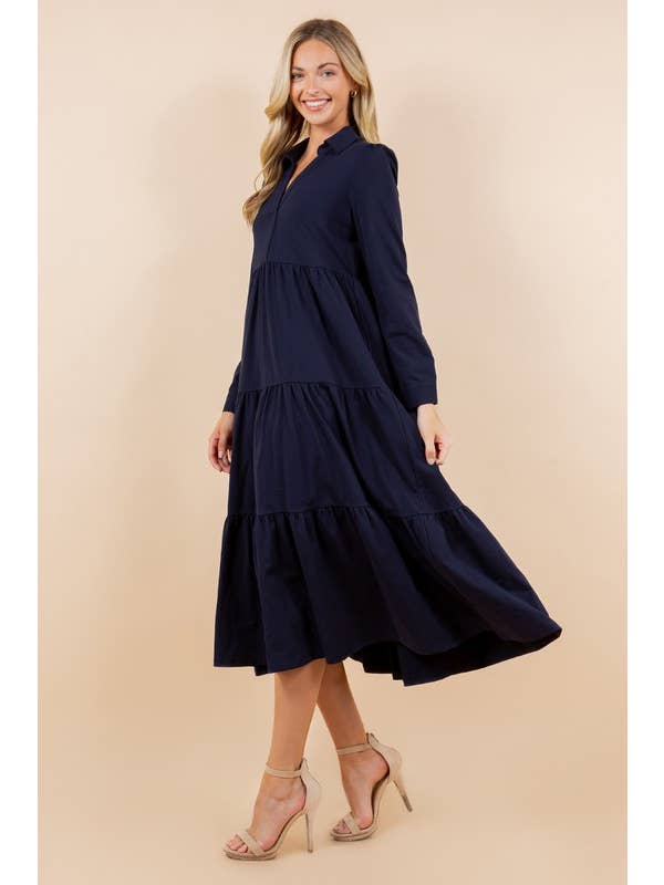 LONG SLEEVE NAVY TIERED MIDI DRESS-TCEC-Sissy Boutique