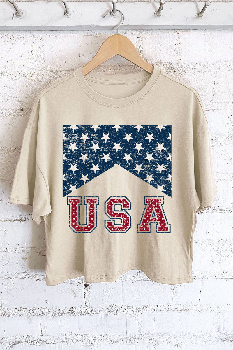 USA FLAG GRAPHIC LONG CROP STONE TEE-Rustee Clothing-Sissy Boutique
