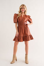 CAMEL BROWN FAUX LEATHER PUFF SHORT SLEEVE SMOCKING DRESS-Sissy Boutique-Sissy Boutique