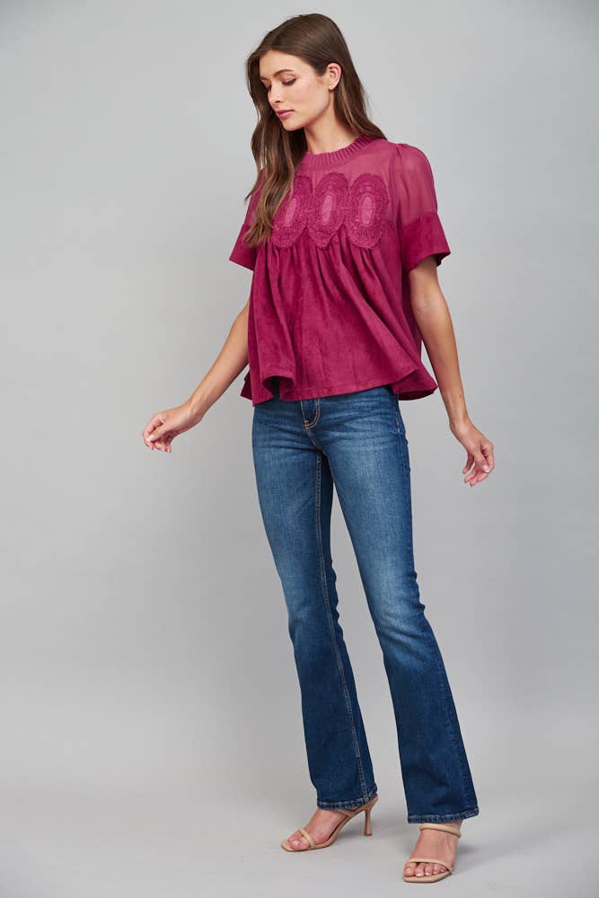 Mocha Brown Suede Top with Sheer Mesh Uppere Panel with Lace Applique | FATE