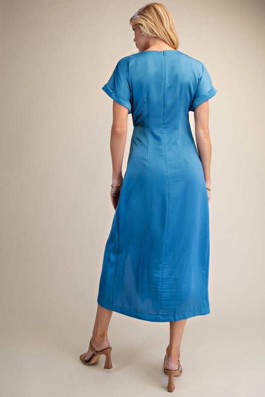 short sleeve silk midi dress Electric Blue Gathered Metal Trim Short Sleeve Midi Dress Small