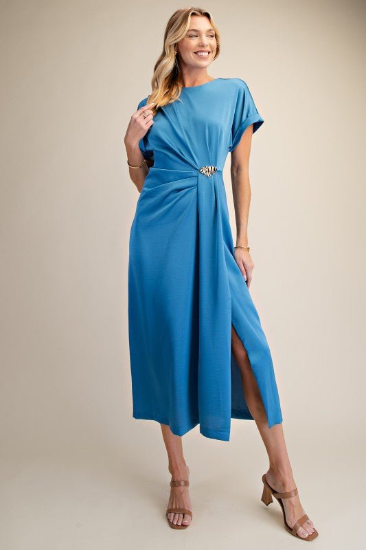 Gathered Metal Trim Short Sleeve Midi Dress S
