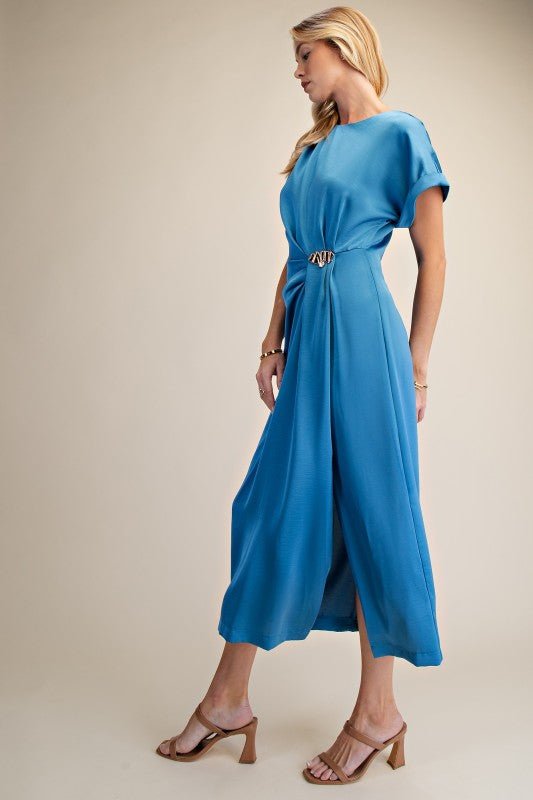 Electric Blue Gathered Metal Trim Short Sleeve Midi Dress Small Electric Blue Gathered Metal Trim Short Sleeve Midi Dress Small