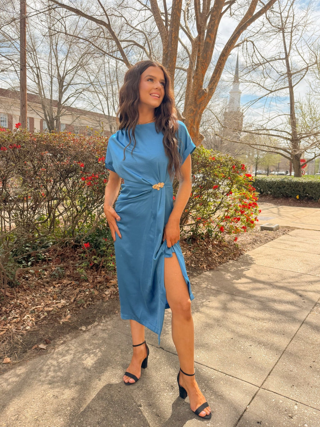 midi blue wrap dress Electric Blue Gathered Metal Trim Short Sleeve Midi Dress Small