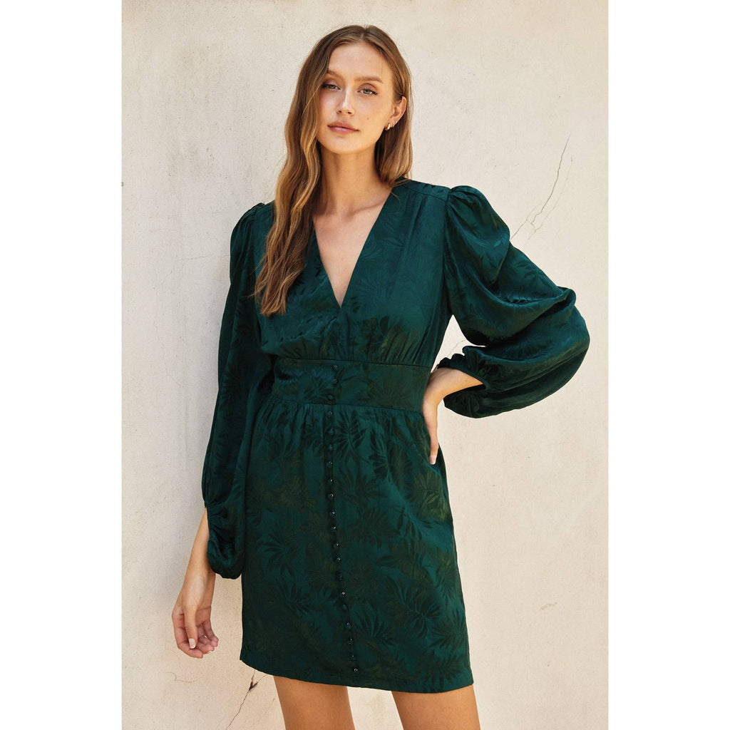 Emerald Green Jacquard V-Neck Mini Dress Small