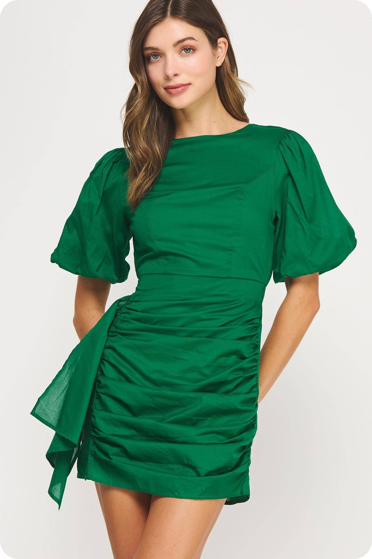 Emerald Ruched Short Puff Sleeve Voile Mini Dress | Strut & Bolt