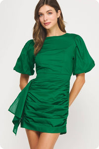 Emerald Ruched Short Puff Sleeve Voile Mini Dress | Strut & Bolt