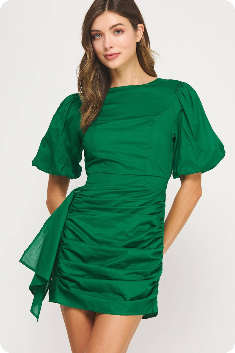 Emerald Ruched Short Puff Sleeve Voile Mini Dress Small Emerald Ruched Short Puff Sleeve Voile Mini Dress Small