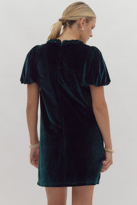 EMERALD VELVET SHORT PUFF SLEEVE MINI DRESS WITH FRONT FAUX POCKETS AND BRAIDED DETAILING | Entro