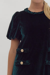 EMERALD VELVET SHORT PUFF SLEEVE MINI DRESS WITH FRONT FAUX POCKETS AND BRAIDED DETAILING | Entro