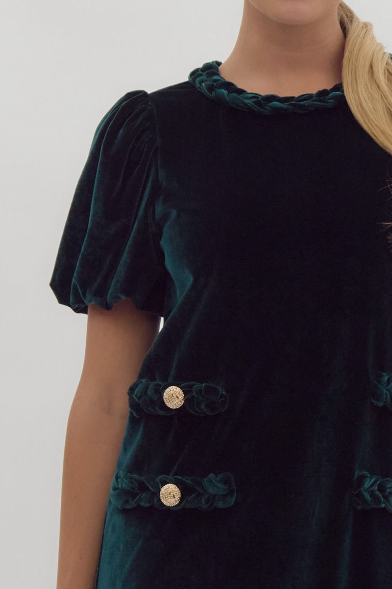 emerald velvet mini dress EMERALD VELVET SHORT PUFF SLEEVE MINI DRESS WITH FRONT FAUX POCKETS AN