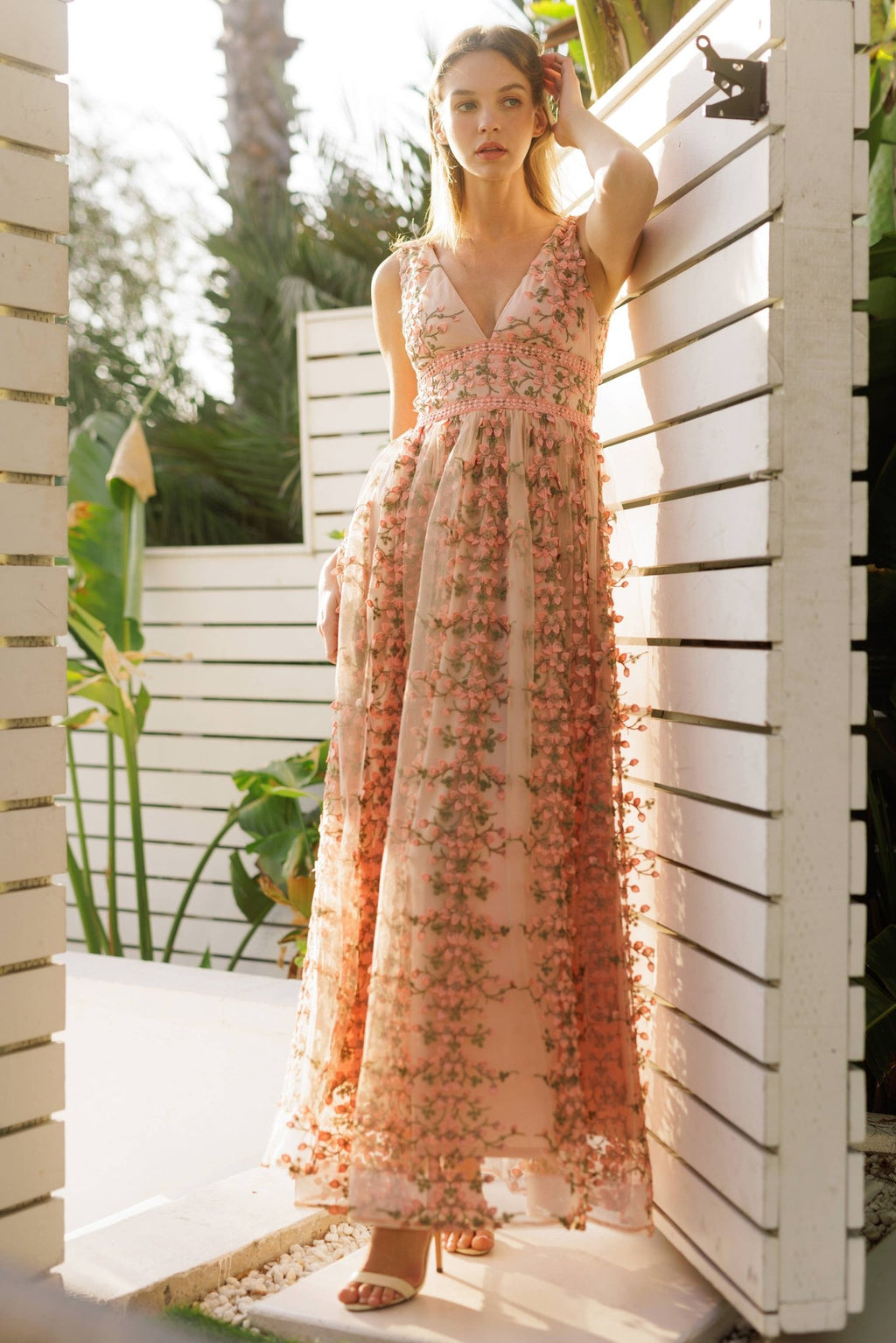 Endless Blu - Embroidered Floral Lace Maxi Dress Endless Blu - Embroidered Floral Lace Maxi Dress