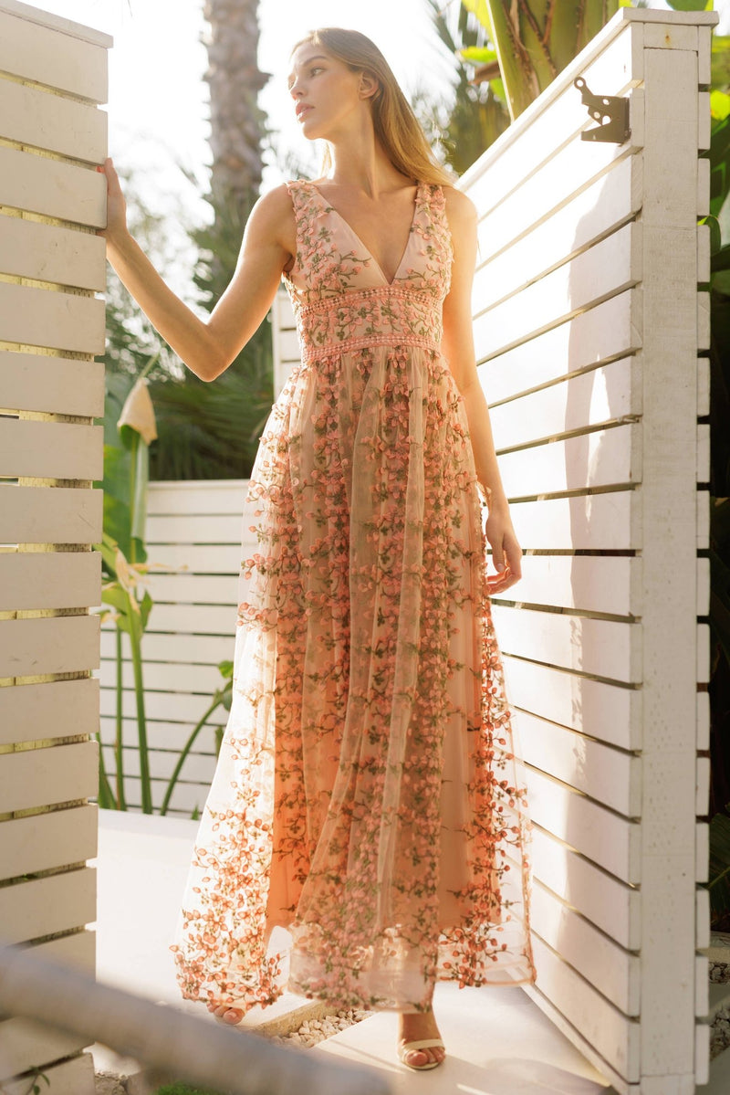 Endless Blu - Embroidered Floral Lace Maxi Dress Endless Blu - Embroidered Floral Lace Maxi Dress