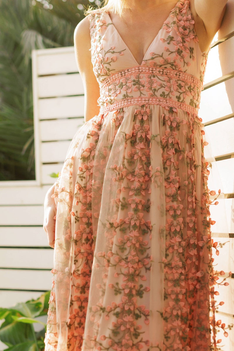 Endless Blu - Embroidered Floral Lace Maxi Dress Endless Blu - Embroidered Floral Lace Maxi Dress