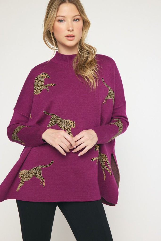 Plum and Cheetah Tunic Sweater Sizes (Small through 2X) Entro