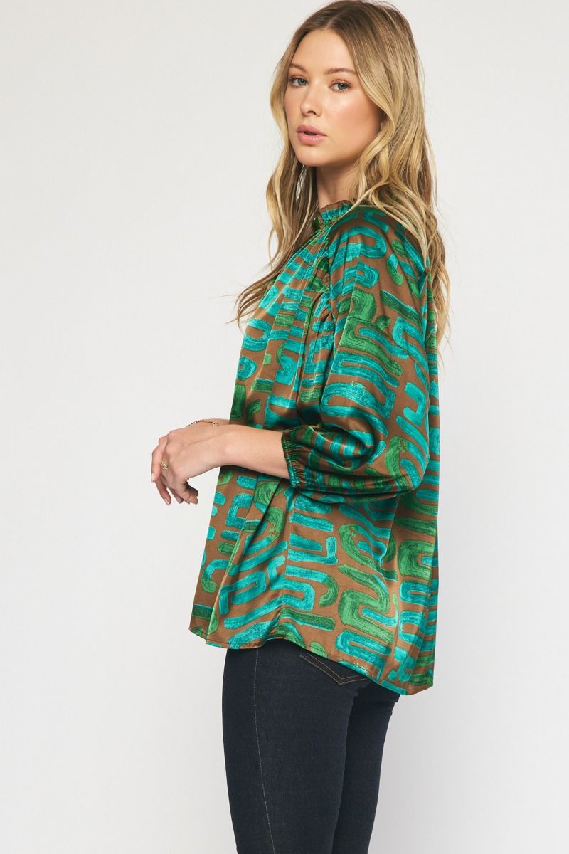 GREEN AND COPPER ABSTRACT SATIN LONG SLEEVE TOP-Entro-Sissy Boutique