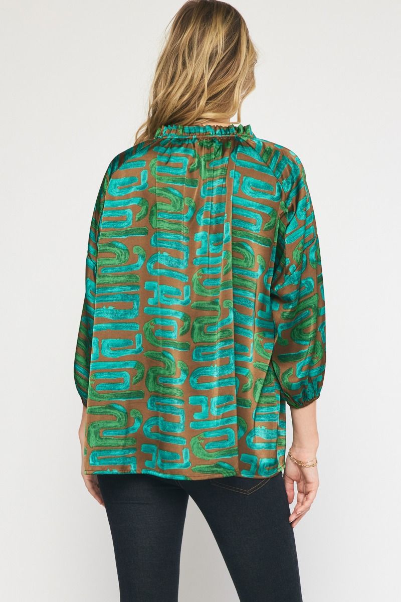 Green and Copper Abstract Satin Long Sleeve Top Entro
