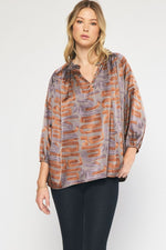 TAUPE AND COPPER ABSTRACT SATIN LONG SLEEVE TOP-Sissy Boutique-Sissy Boutique