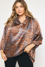 PLUS TAUPE AND COPPER ABSTRACT SATIN LONG SLEEVE TOP-Sissy Boutique-Sissy Boutique
