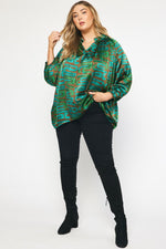 PLUS GREEN AND COPPER ABSTRACT SATIN LONG SLEEVE TOP-Sissy Boutique-Sissy Boutique