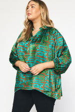 Plus Green and Copper Abstract Satin Long Sleeve Top Sissy Boutique