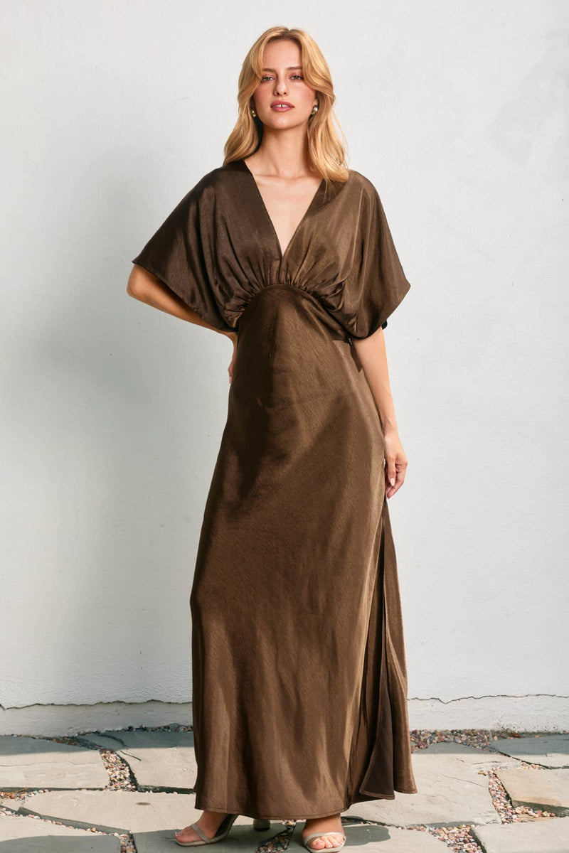 Buy Espresso Brown Like Butter Satin Blouson Maxi Dress Online