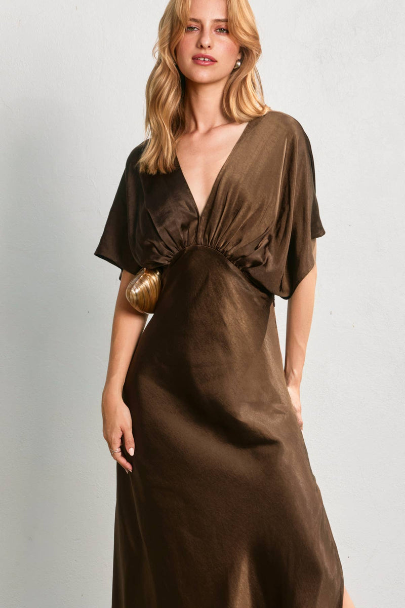 Espresso Brown Like Butter Satin Blouson Maxi Dress