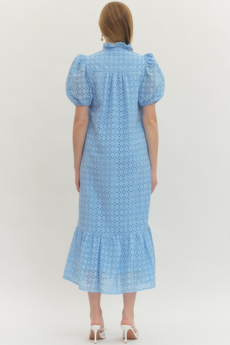 eyelet puff sleeve midi dress Eyelet Short Puff Sleeve Light Blue Midi Dress With Pockets Large