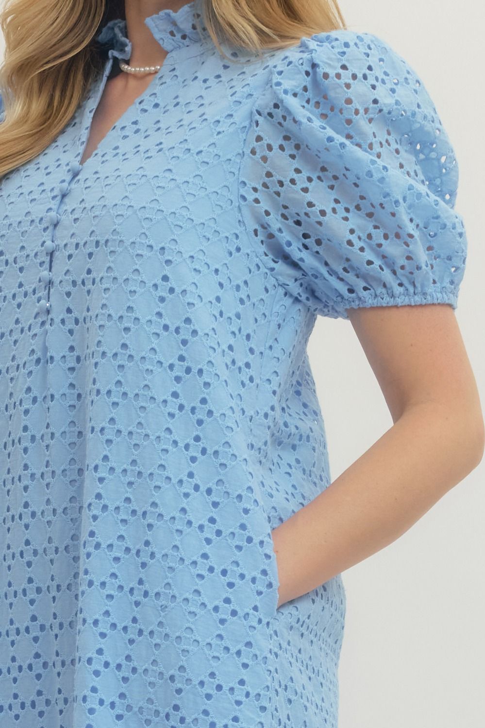 Buy Eyelet Short Puff Sleeve Light Blue Midi Dress With Pockets Online